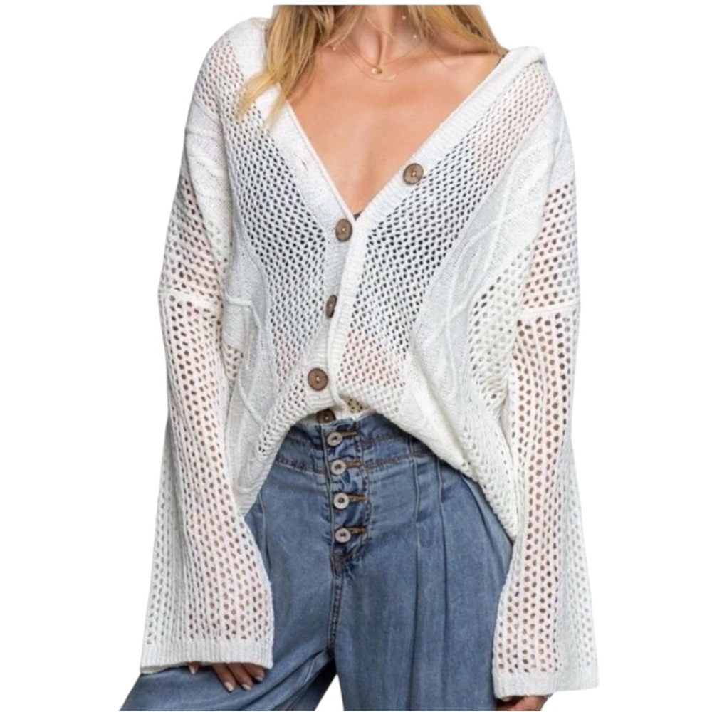 POL Open Knit Hooded Long Sleeve Boho Loose Fit Ivory Cardigan SMALL